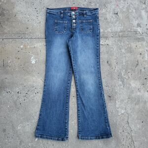 Vintage Y2K Low Rise Flare Jeans 25x26 Blue Pants Button Fly Dark Faded Denim Xi